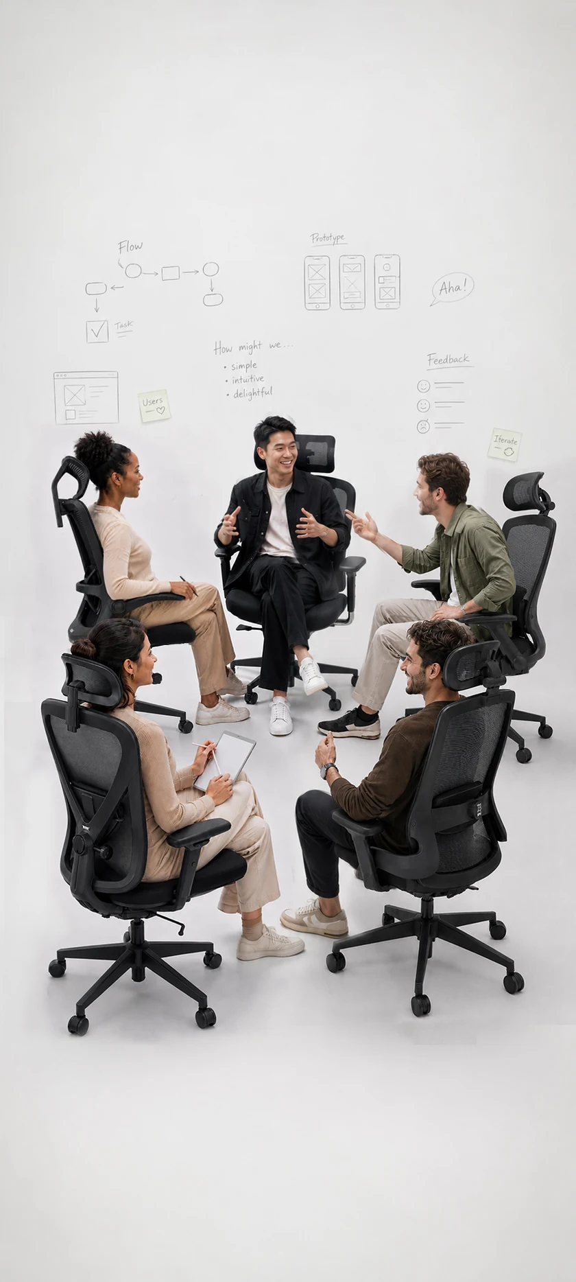 Five colleagues seated in ergonomic chairs during a collaborative workshop.