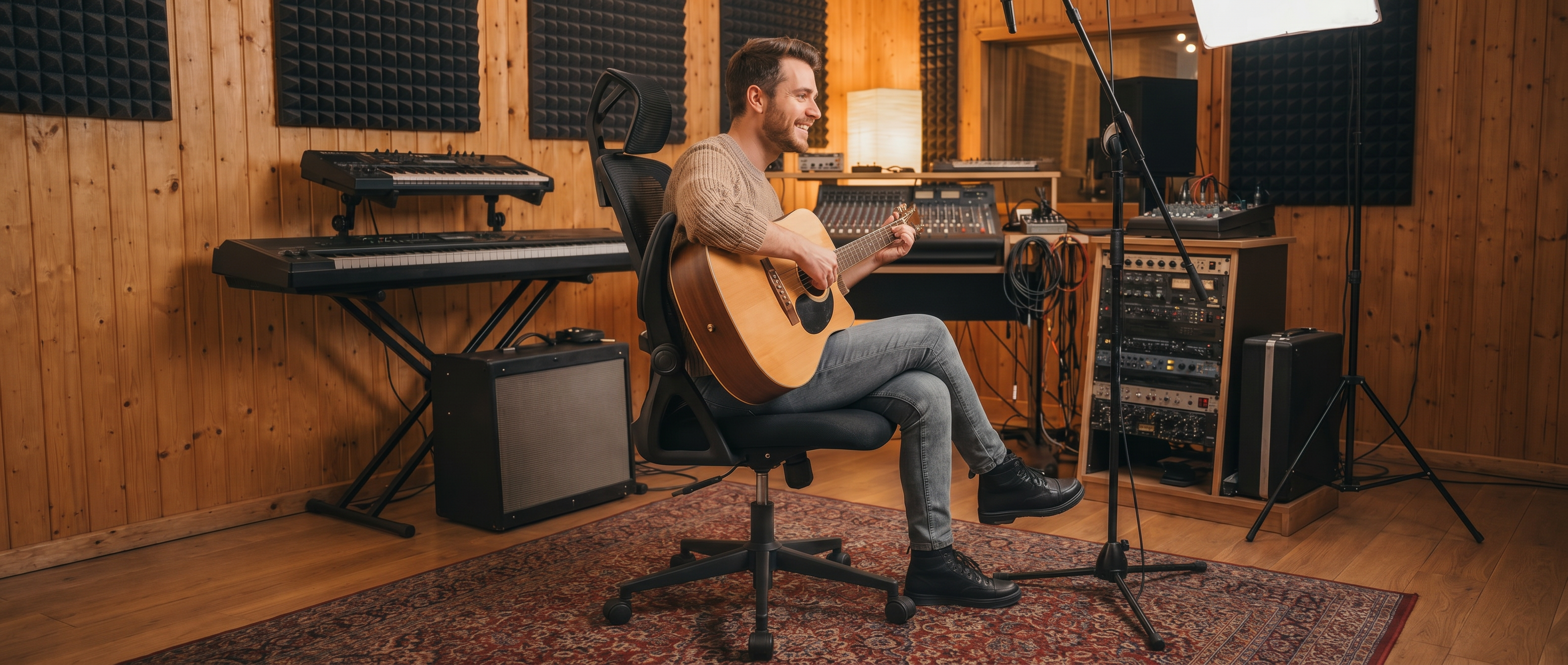 A musician seated in a CAPTAIN ergonomic chair in a recording workspace