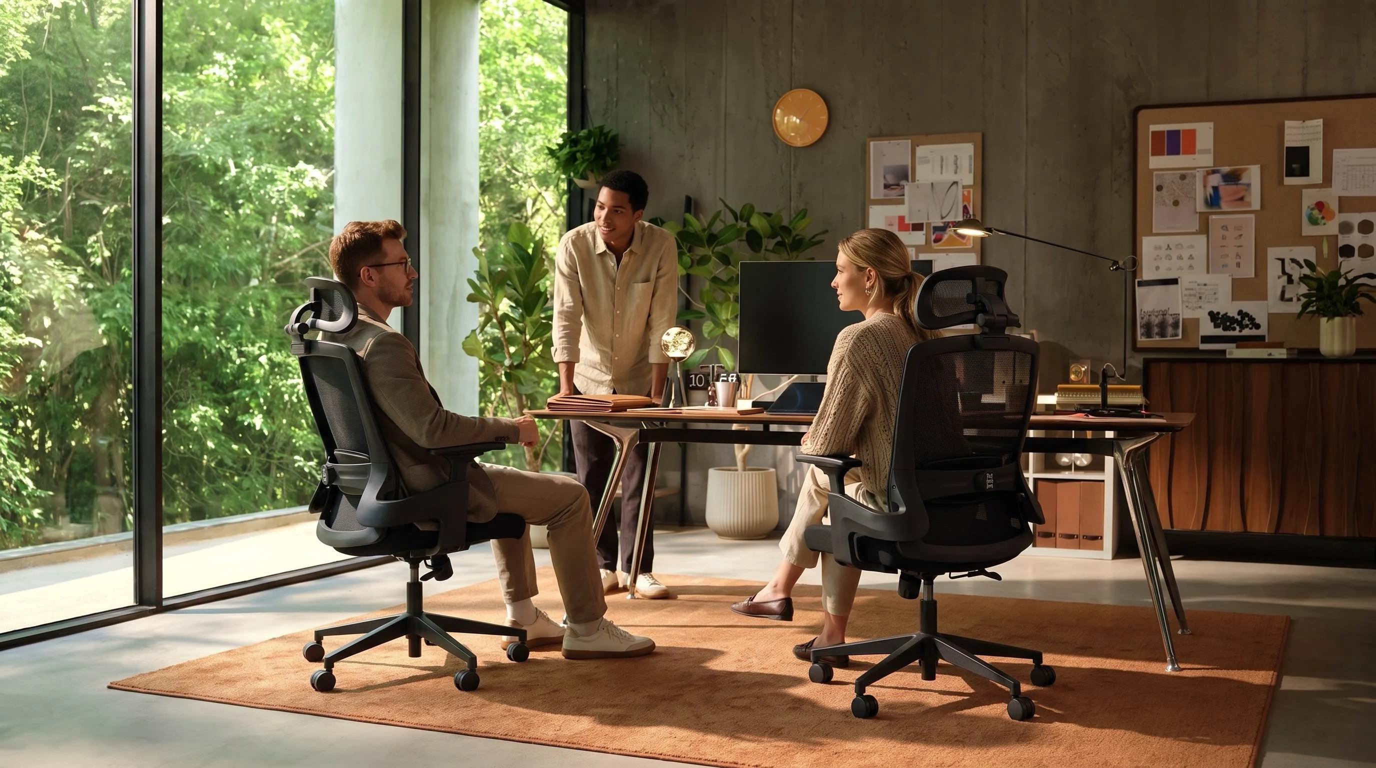 Two colleagues seated in AVALON ergonomic chairs during a team discussion