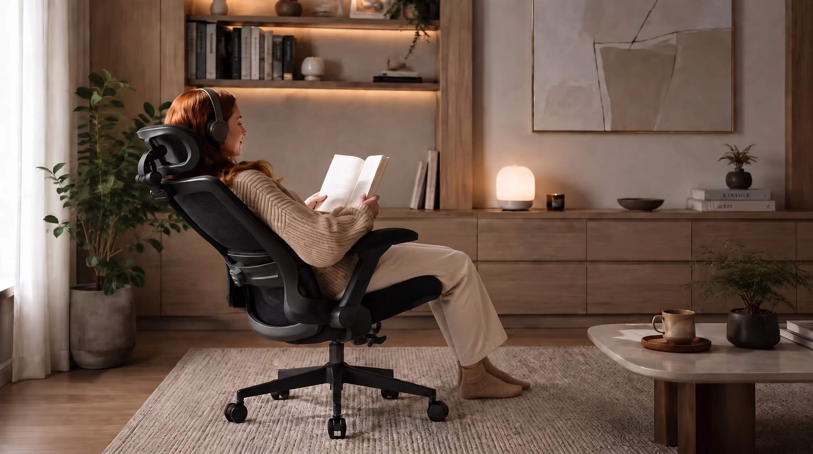 A woman reclining comfortably in an ergonomic chair while reading